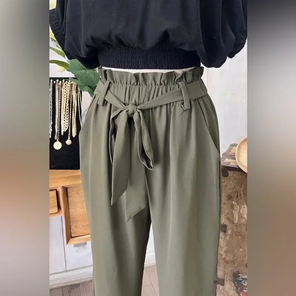 Olive Green High Waisted Paperbag Bow Trendy Cropped Trousers - Picture 2 of 4